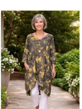 Bryn Walker Bingley Luna Dress Women XL Floral 3/4 Sleeve Pocket Tunic Lagenlook